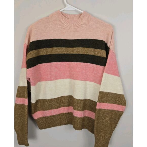H&M Pullover Sweater Small Pink Striped Knit Wool High Neck Long Sleeve Retro - Picture 2 of 9